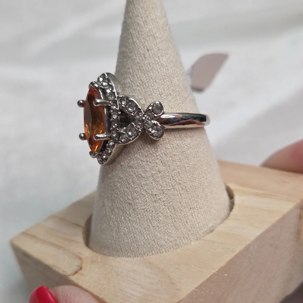 Orange Marquis Shaped Stone Fashion Ring Silver Tone Band Elegant Rhinestone